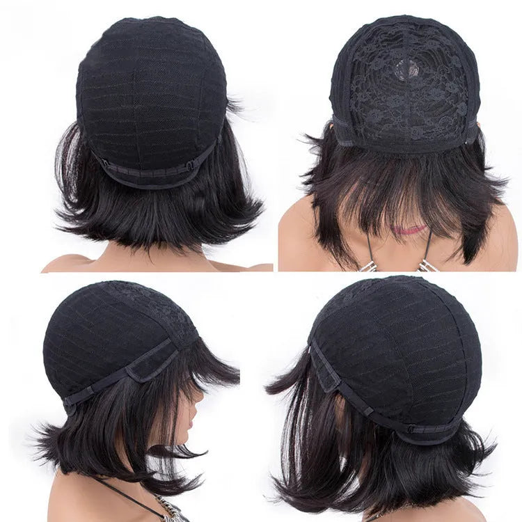 Black human hair full machine wig in 10-inch short to medium length on a headgear