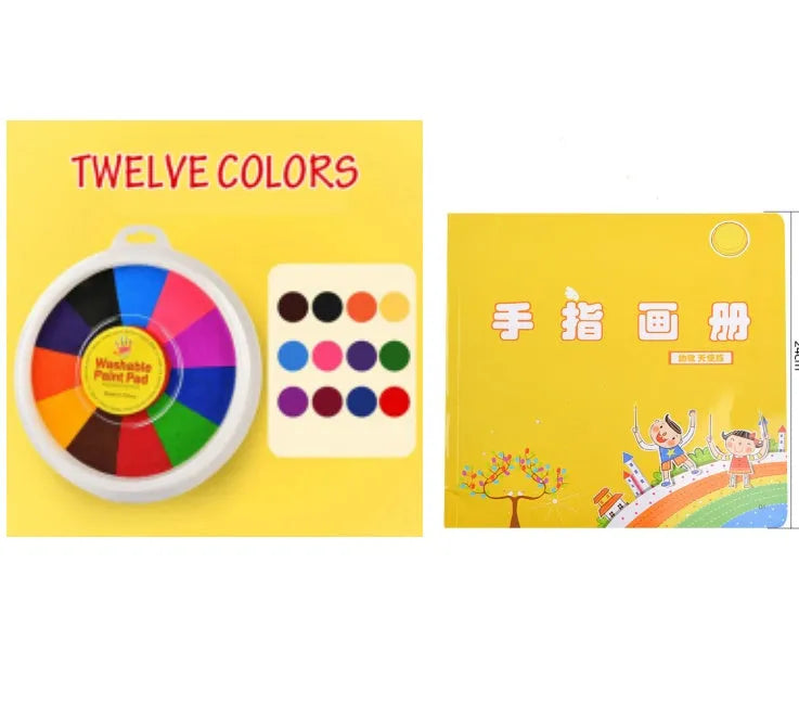 16cm round finger print mud ink pad with non-toxic washable colours and guide picture books for children