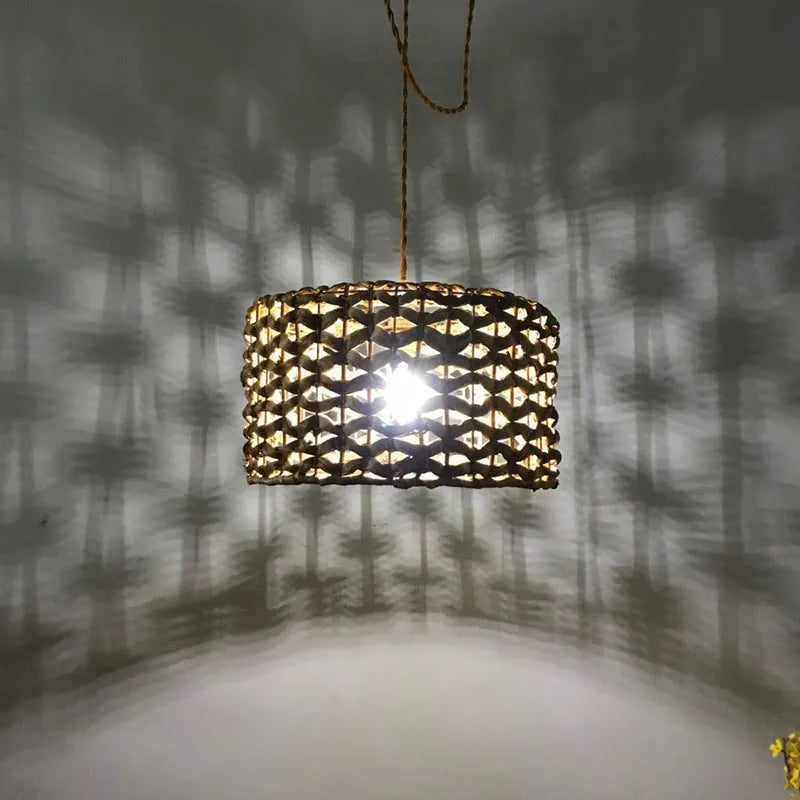 Handwoven yellow rattan bamboo single-head chandelier with 44cm diameter shade and adjustable drop cable