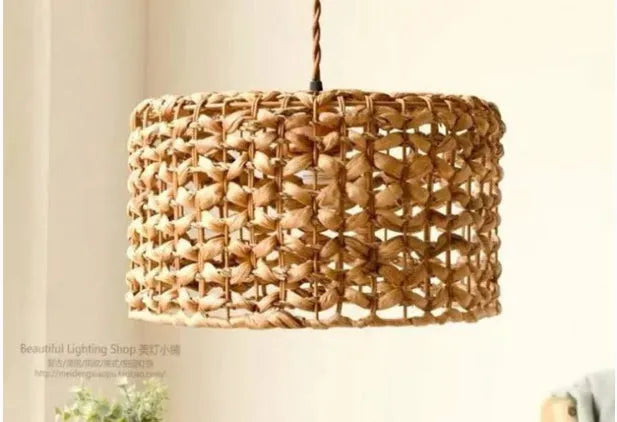 Handwoven yellow rattan bamboo single-head chandelier with 44cm diameter shade and adjustable drop cable