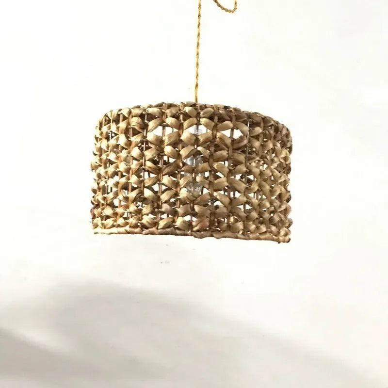 Handwoven yellow rattan bamboo single-head chandelier with 44cm diameter shade and adjustable drop cable