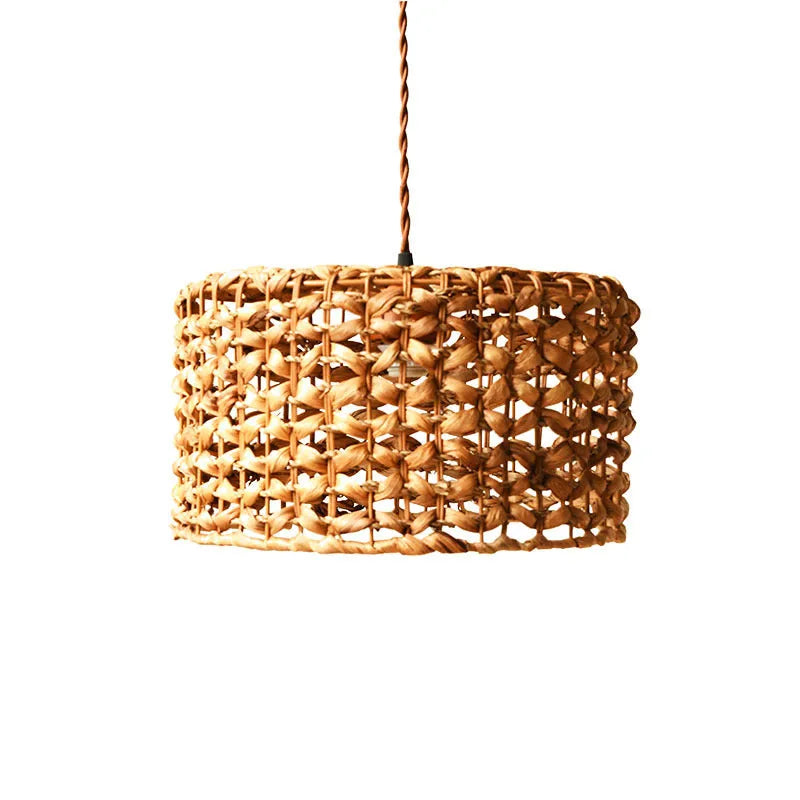 Handwoven yellow rattan bamboo single-head chandelier with 44cm diameter shade and adjustable drop cable