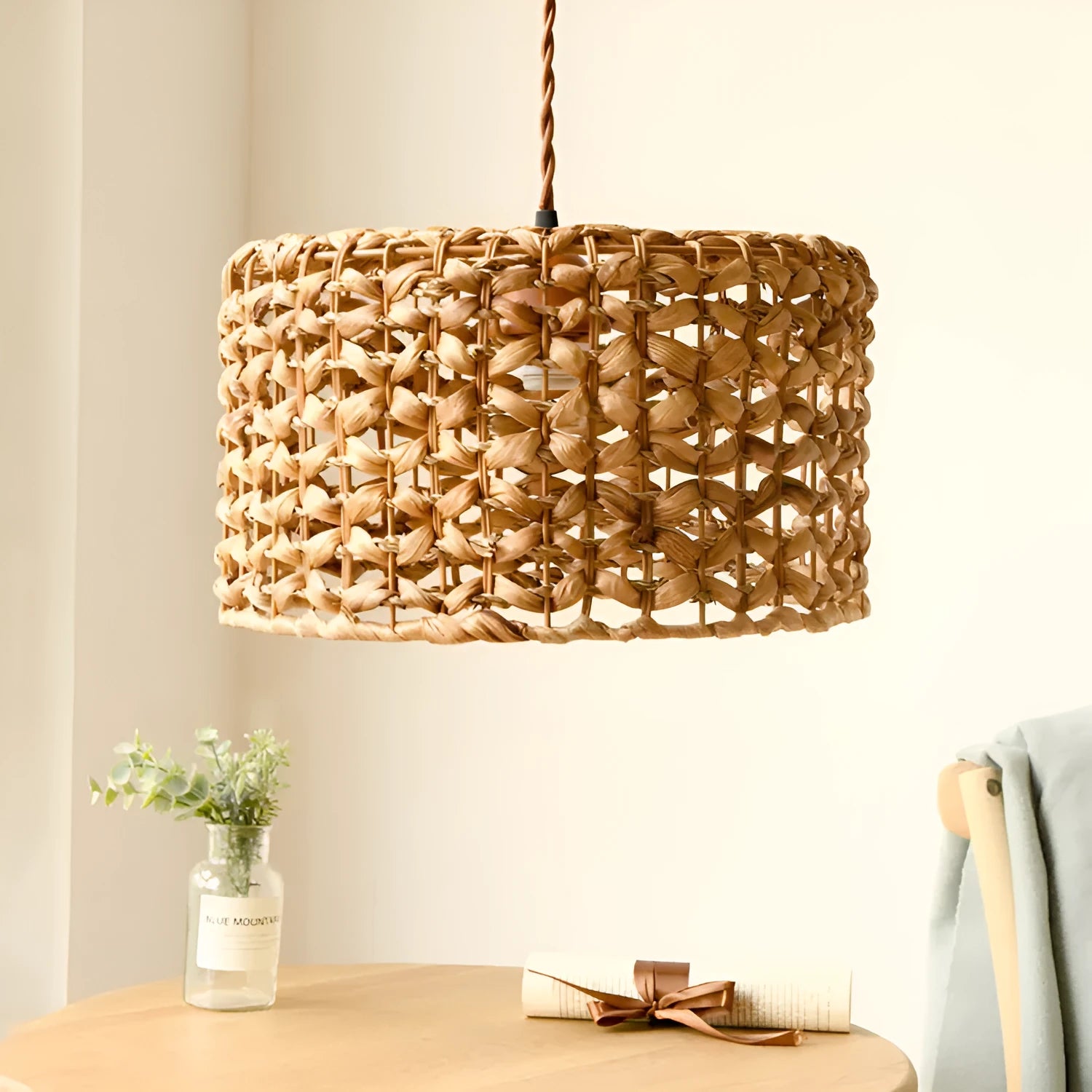 Handwoven yellow rattan bamboo single-head chandelier with 44cm diameter shade and adjustable drop cable