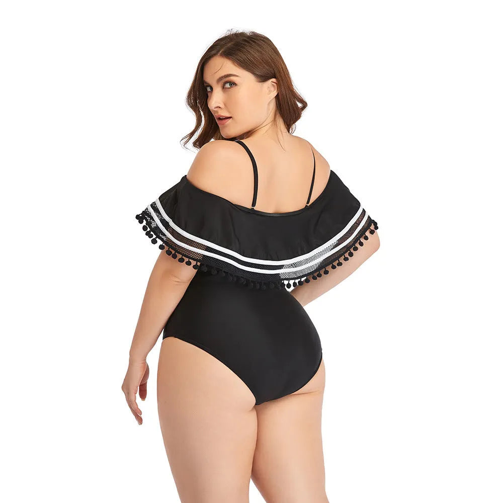 Plus size one-piece black swimsuit with chest pad, quick-drying fabric, sizes L to 3XL