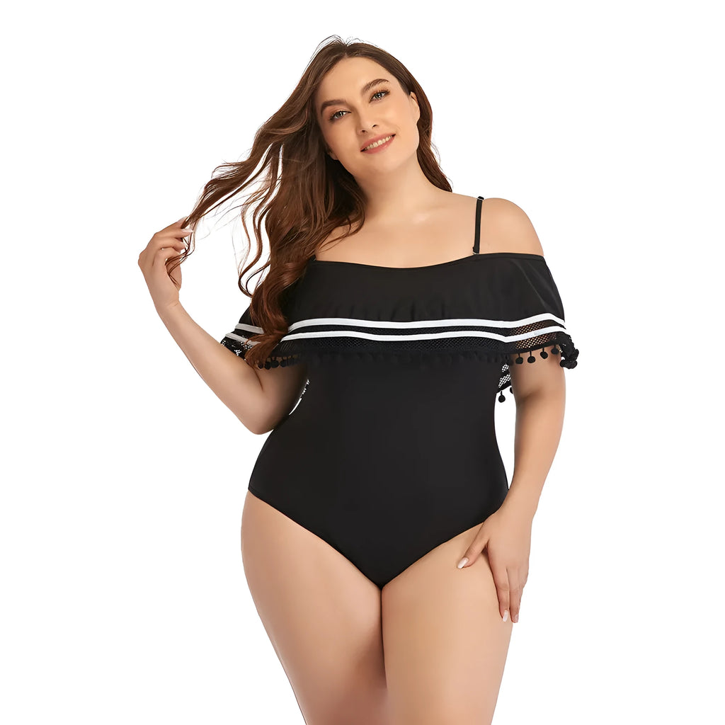 Plus size one-piece black swimsuit with chest pad, quick-drying fabric, sizes L to 3XL