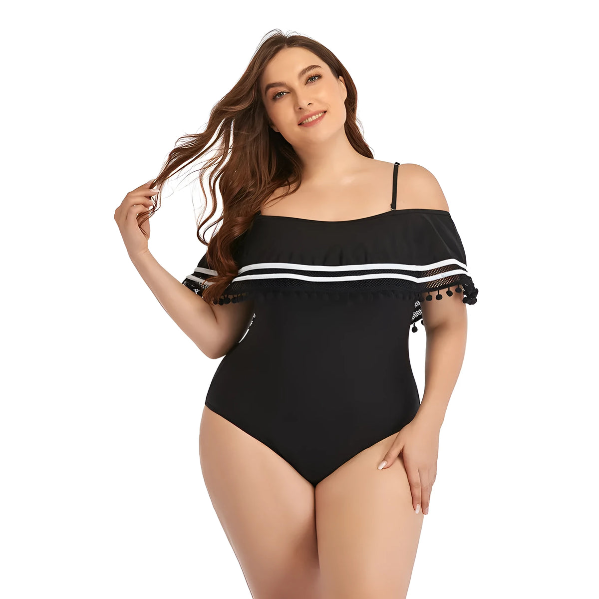 Plus size one-piece black swimsuit with chest pad, quick-drying fabric, sizes L to 3XL