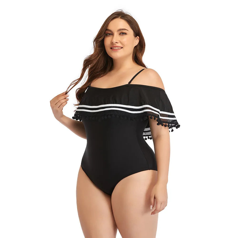 Plus size one-piece black swimsuit with chest pad, quick-drying fabric, sizes L to 3XL