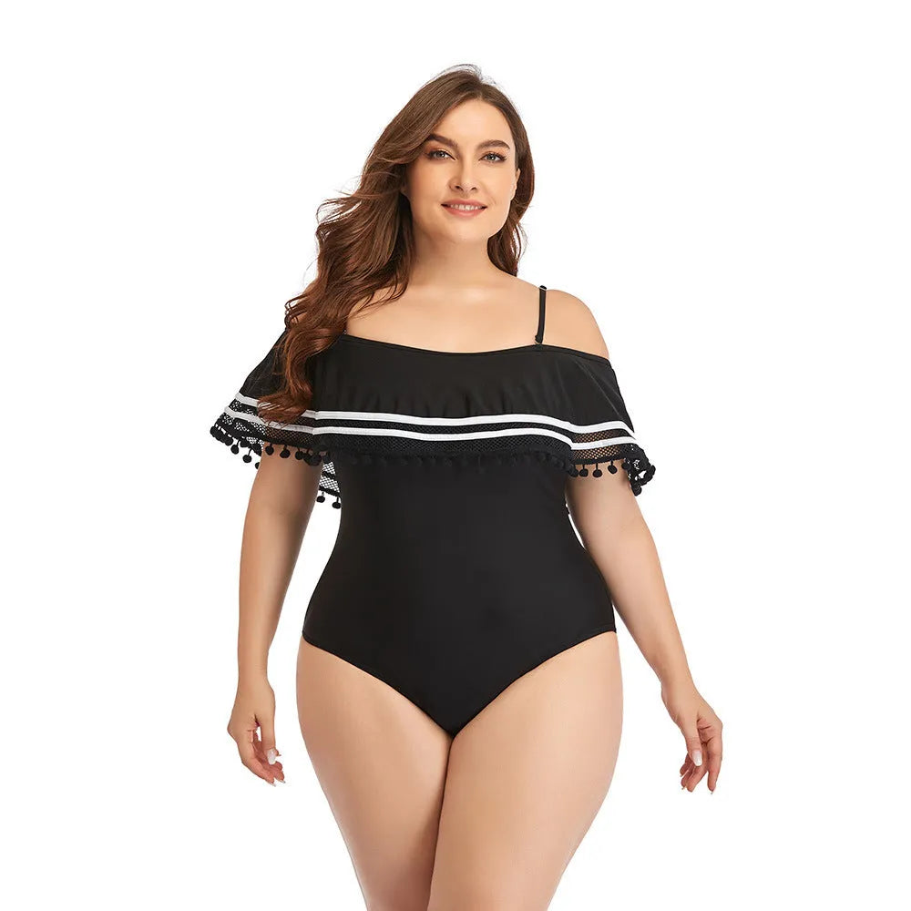 Plus size one-piece black swimsuit with chest pad, quick-drying fabric, sizes L to 3XL