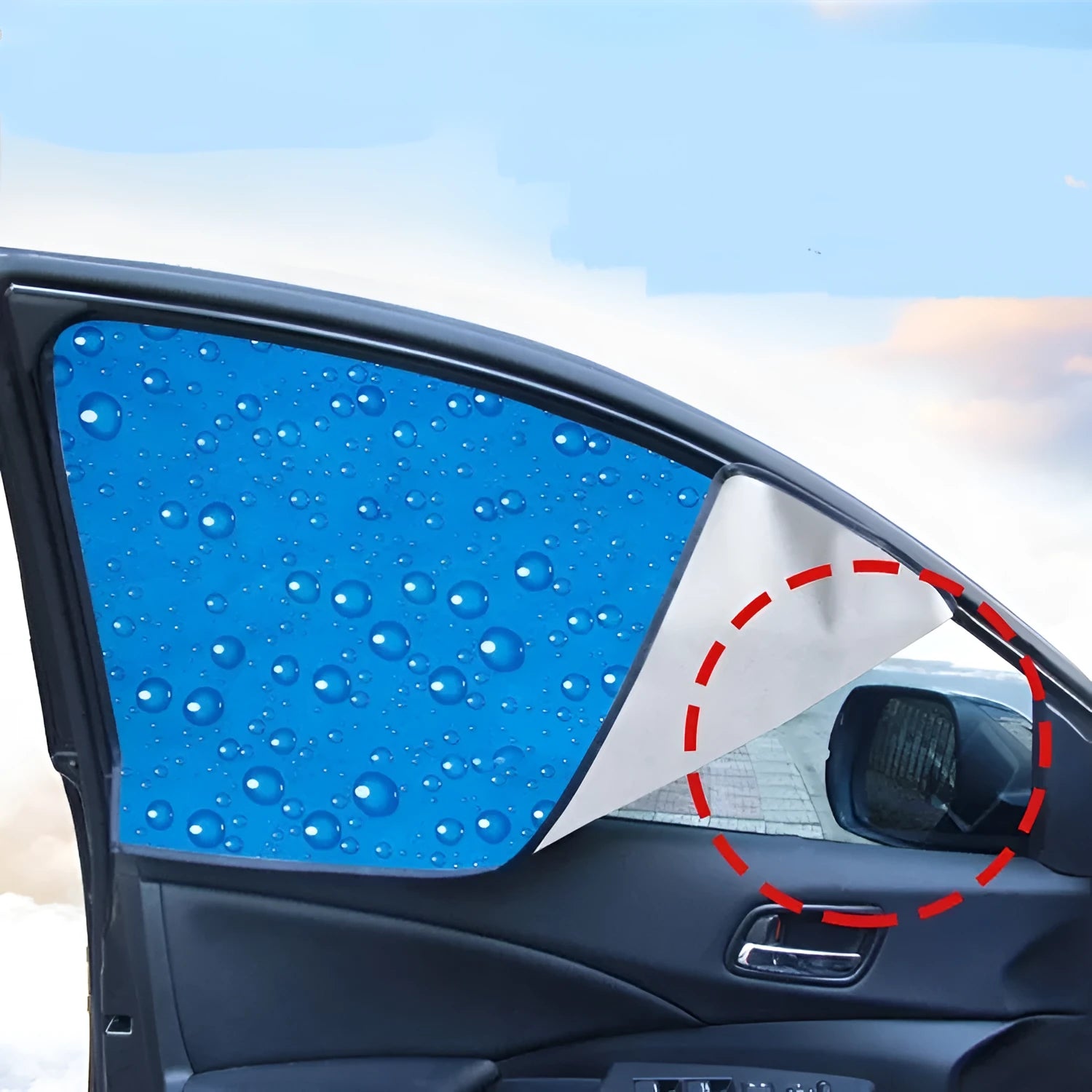 Single layer retractable magnetic car curtain silver coated cloth with steel wire frame installed on car window rail