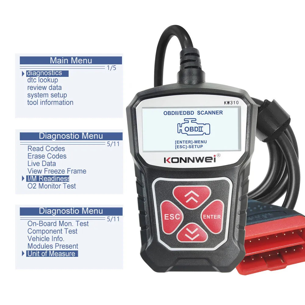 KW310 black car diagnostic scanner with OBD connector and LCD screen on white background
