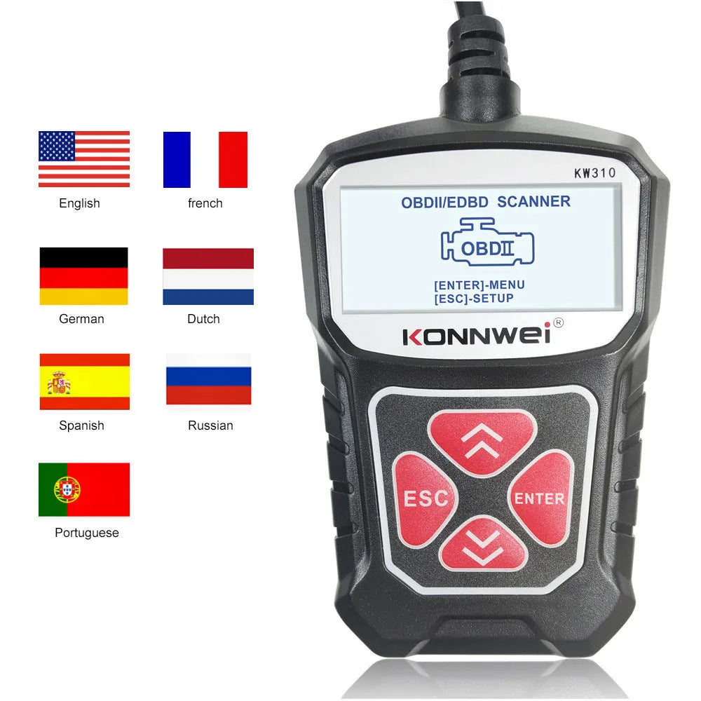 KW310 black car diagnostic scanner with OBD connector and LCD screen on white background