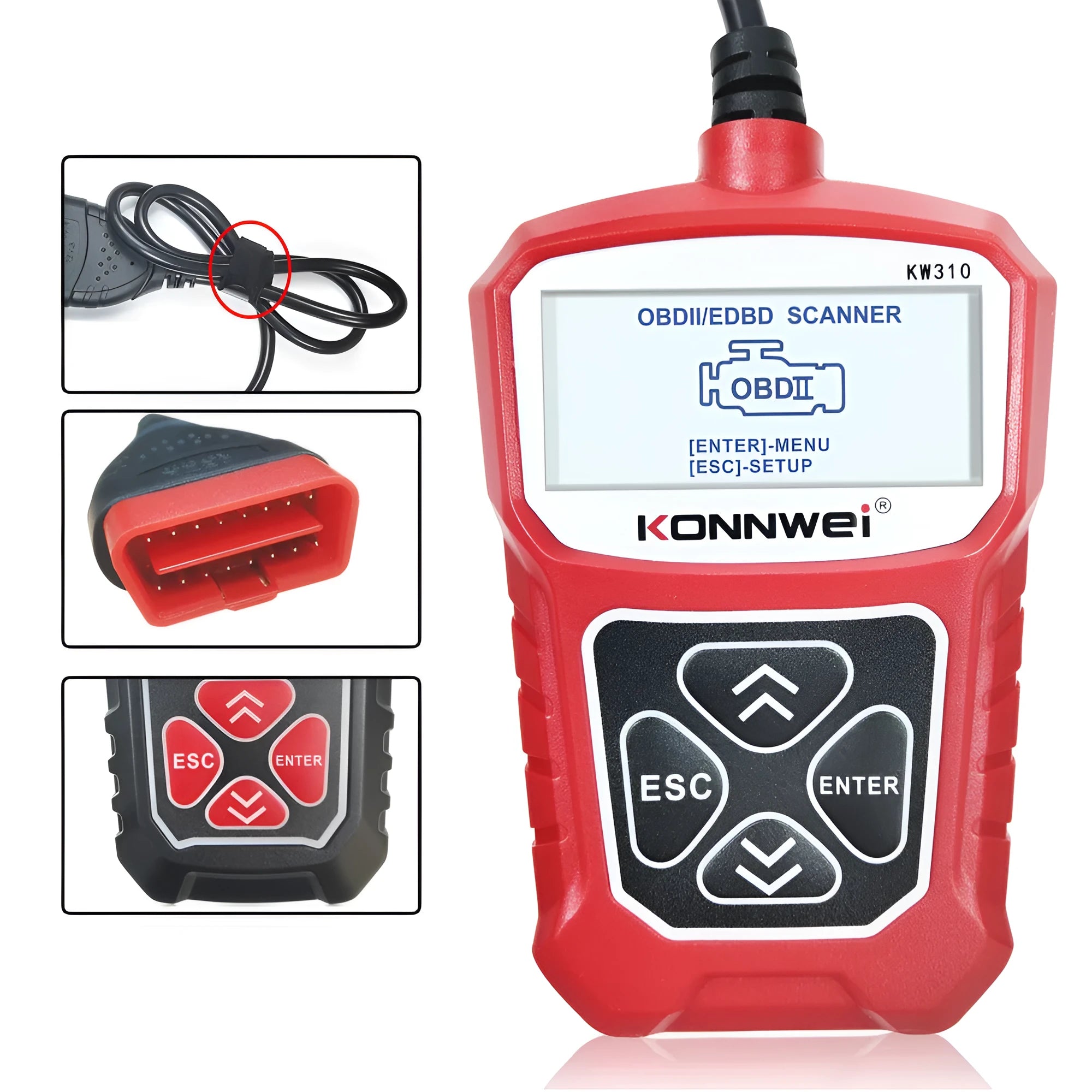 KW310 black car diagnostic scanner with OBD connector and LCD screen on white background