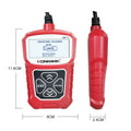 KW310 black car diagnostic scanner with OBD connector and LCD screen on white background