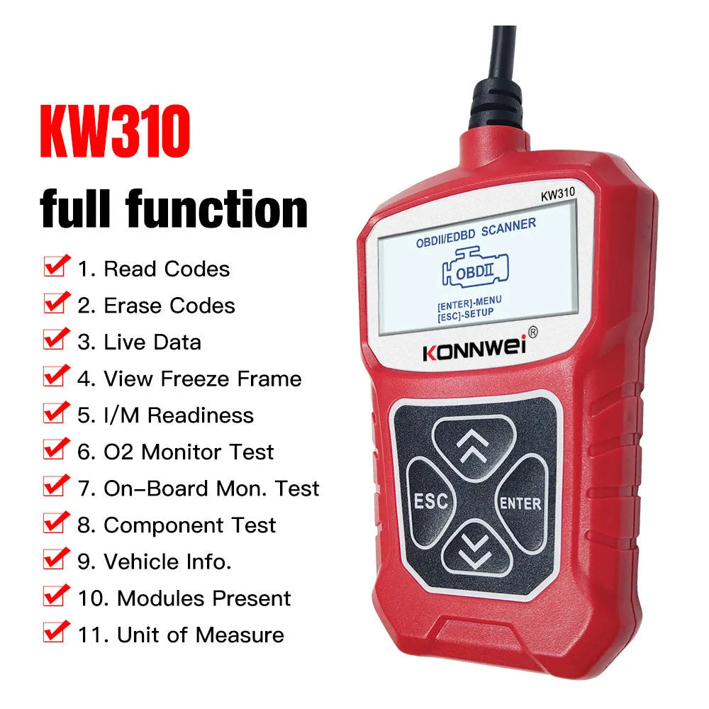 KW310 black car diagnostic scanner with OBD connector and LCD screen on white background