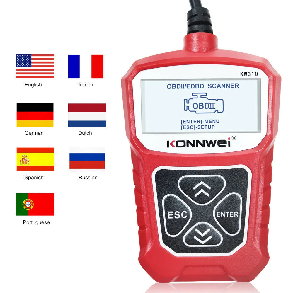 KW310 black car diagnostic scanner with OBD connector and LCD screen on white background
