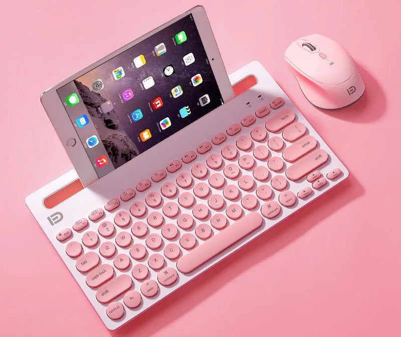 Wireless Bluetooth keyboard and mouse set in pink with storage bag