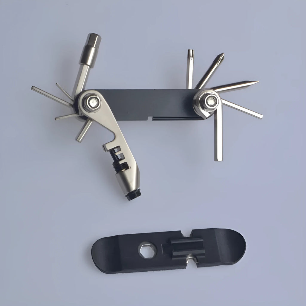 Chrome vanadium steel bicycle combination repair tool in compact palm-sized design