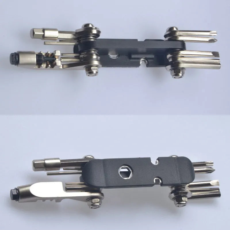 Chrome vanadium steel bicycle combination repair tool in compact palm-sized design