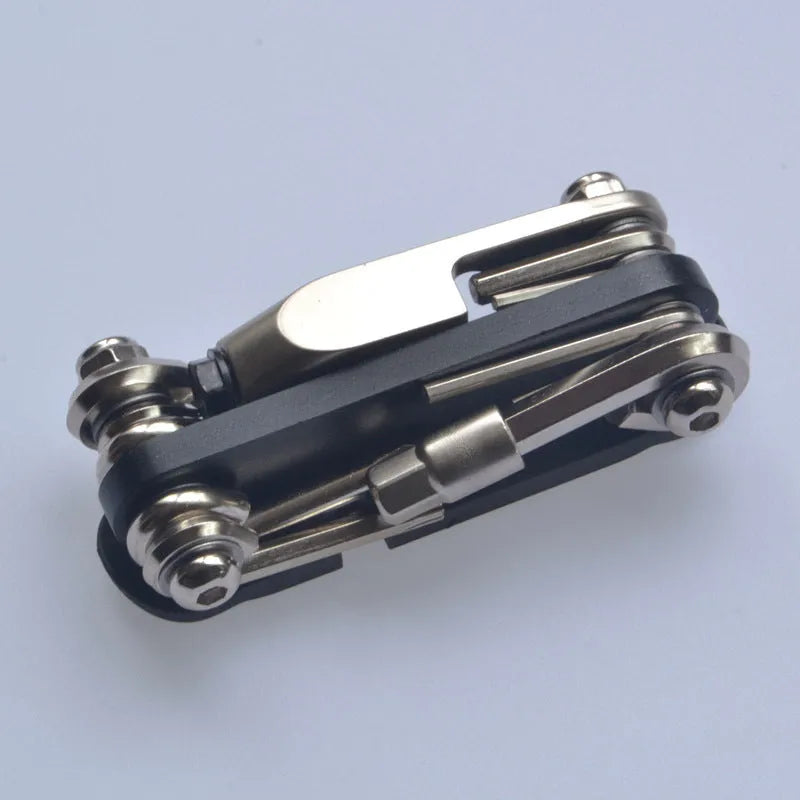 Chrome vanadium steel bicycle combination repair tool in compact palm-sized design