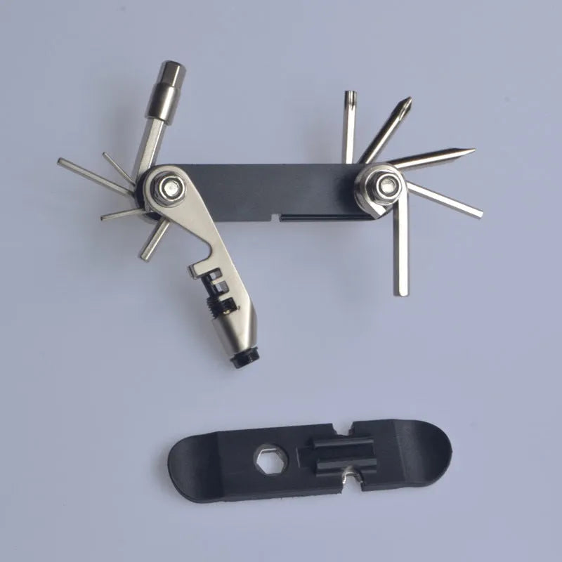 Chrome vanadium steel bicycle combination repair tool in compact palm-sized design