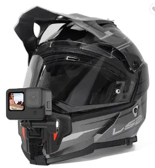 Black universal motorcycle helmet chin strap mount for action cameras with stainless steel fittings.