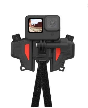 Black universal motorcycle helmet chin strap mount for action cameras with stainless steel fittings.
