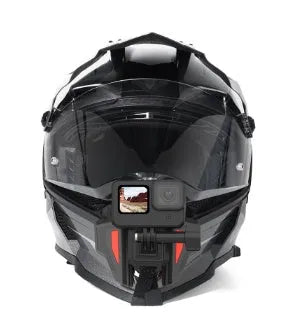 Black universal motorcycle helmet chin strap mount for action cameras with stainless steel fittings.