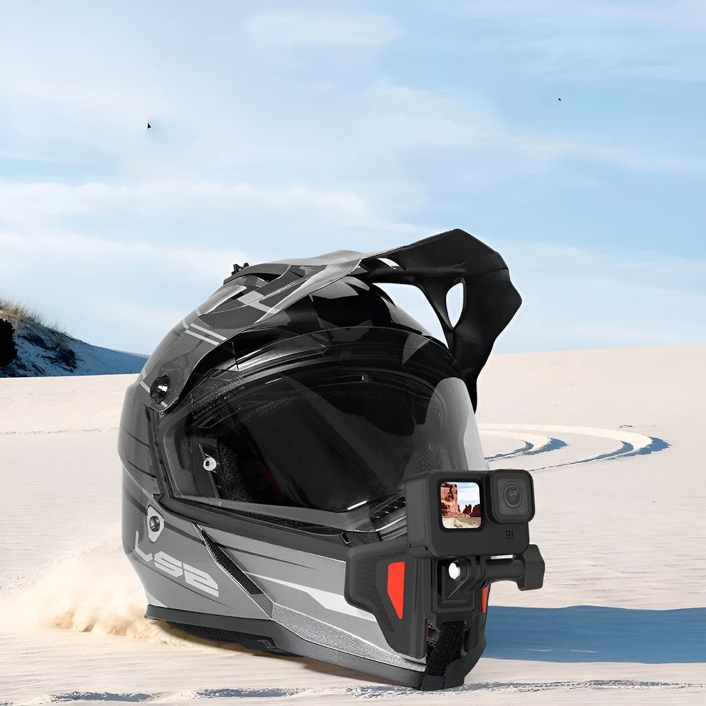 Black universal motorcycle helmet chin strap mount for action cameras with stainless steel fittings.