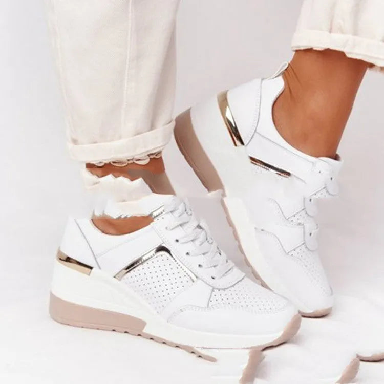 Women's soft sole casual running shoes in round toe, low heel style, with front tie and non-slip rubber sole, available in multiple colours