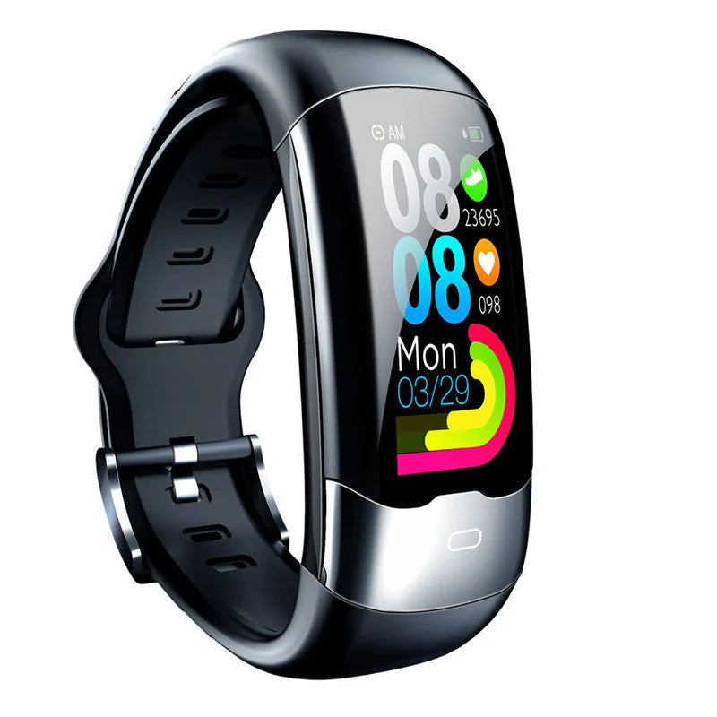 Smart bracelet with digital display showing heart rate, available in black, blue or red colours