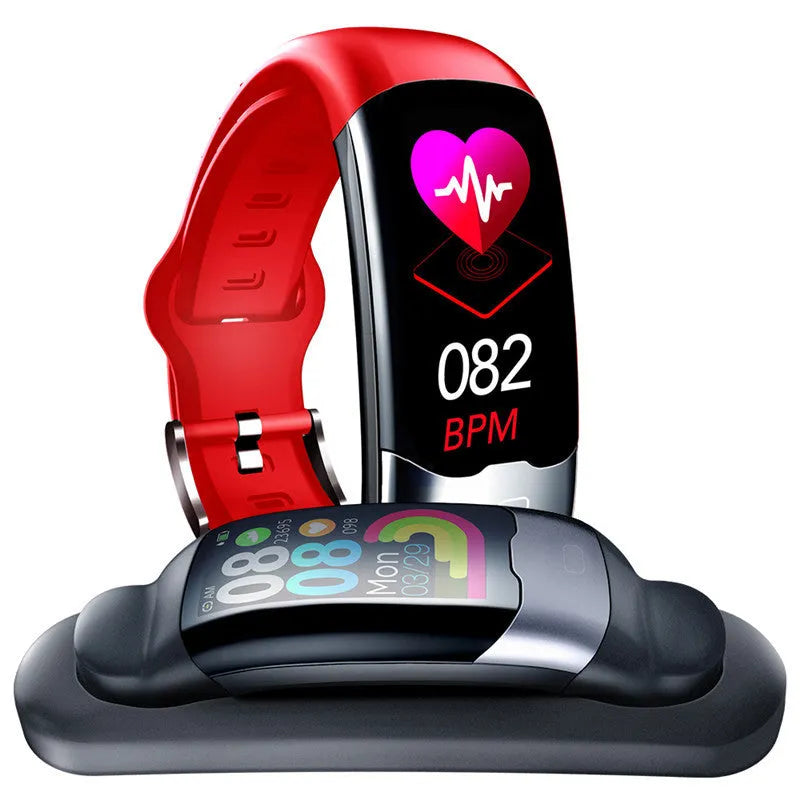 Smart bracelet with digital display showing heart rate, available in black, blue or red colours