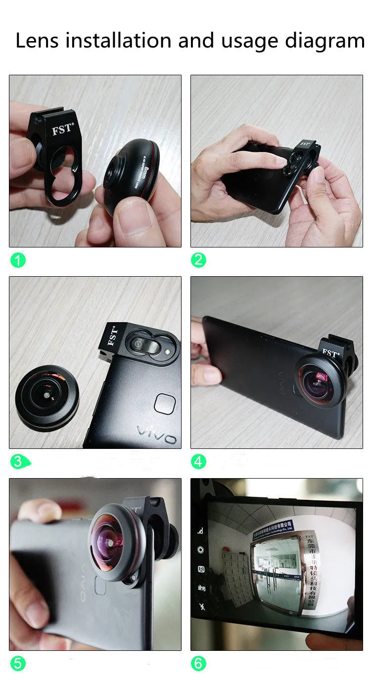 Universal clip-on mobile phone lens kit showing wide-angle, macro, and fisheye lenses for smartphones.
