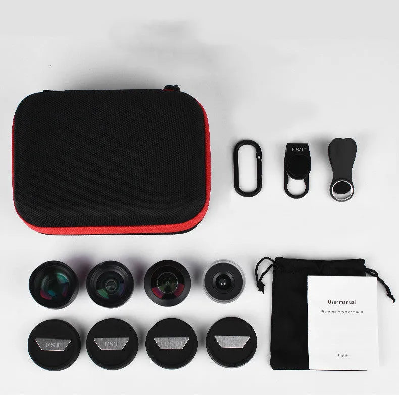 Universal clip-on mobile phone lens kit showing wide-angle, macro, and fisheye lenses for smartphones.