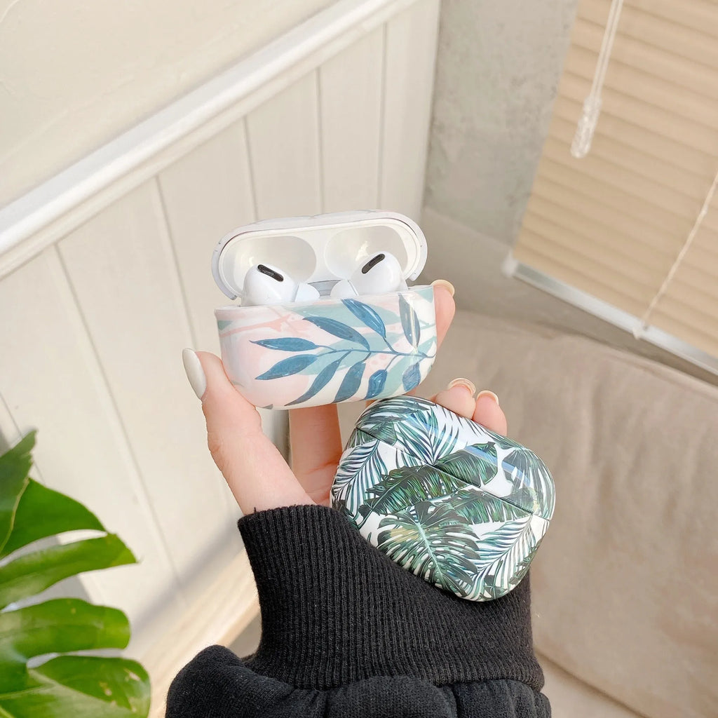 Blue and green banana leaf design soft TPU case for Apple AirPods and AirPods Pro.