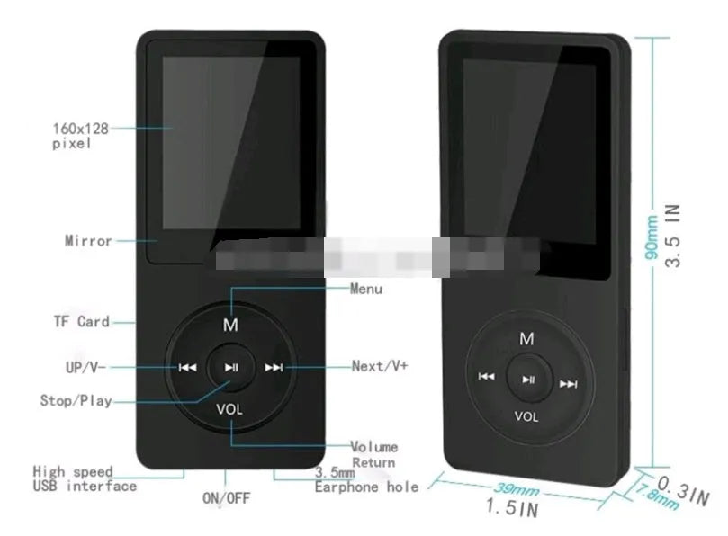 Slim Black MP4 player with a 1.8-inch colour screen showing a music playlist interface.