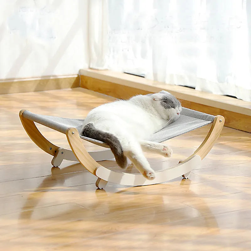 Solid wood cat bed with grey cloth cushion and anti-slip mat base, raised off-ground design