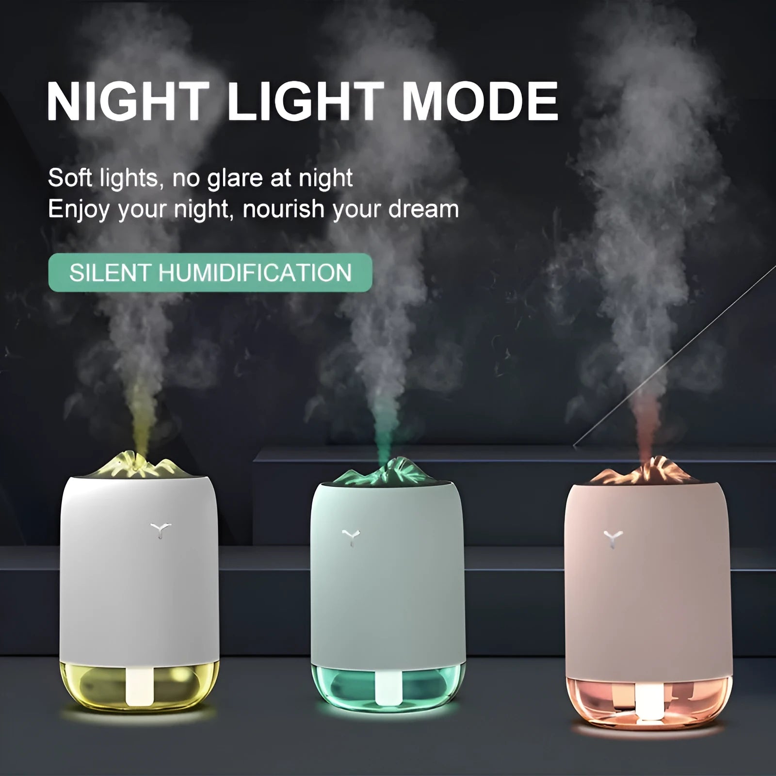 Mini cylindrical USB humidifier in turquoise green with water tank and mist outlet