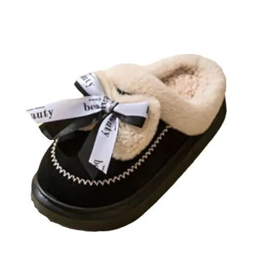 Women's beige suede half slippers with a ribbon bow and thick sole.