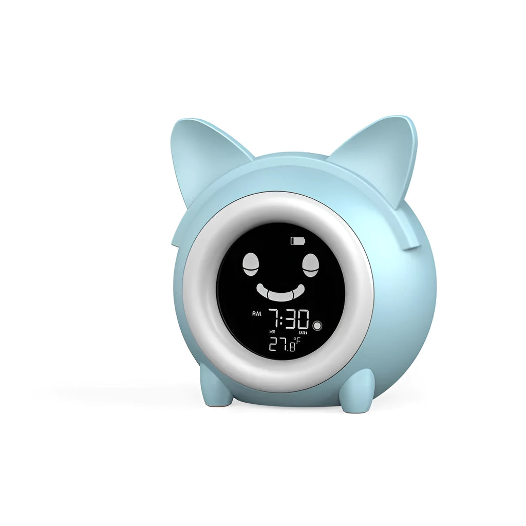 Small round cartoon alarm clock with LCD display and luminous feature in light blue