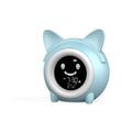 Small round cartoon alarm clock with LCD display and luminous feature in light blue