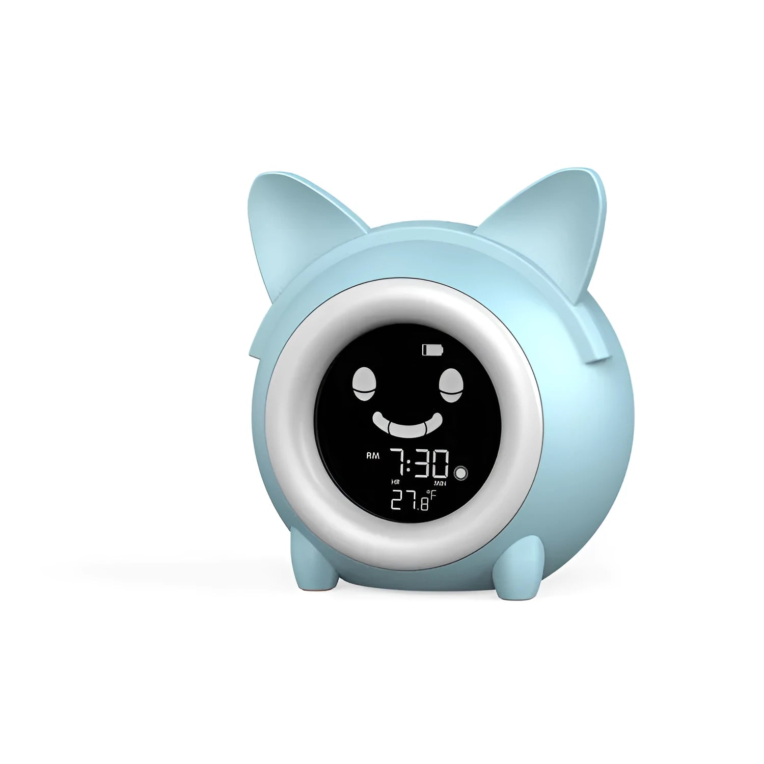 Small round cartoon alarm clock with LCD display and luminous feature in light blue