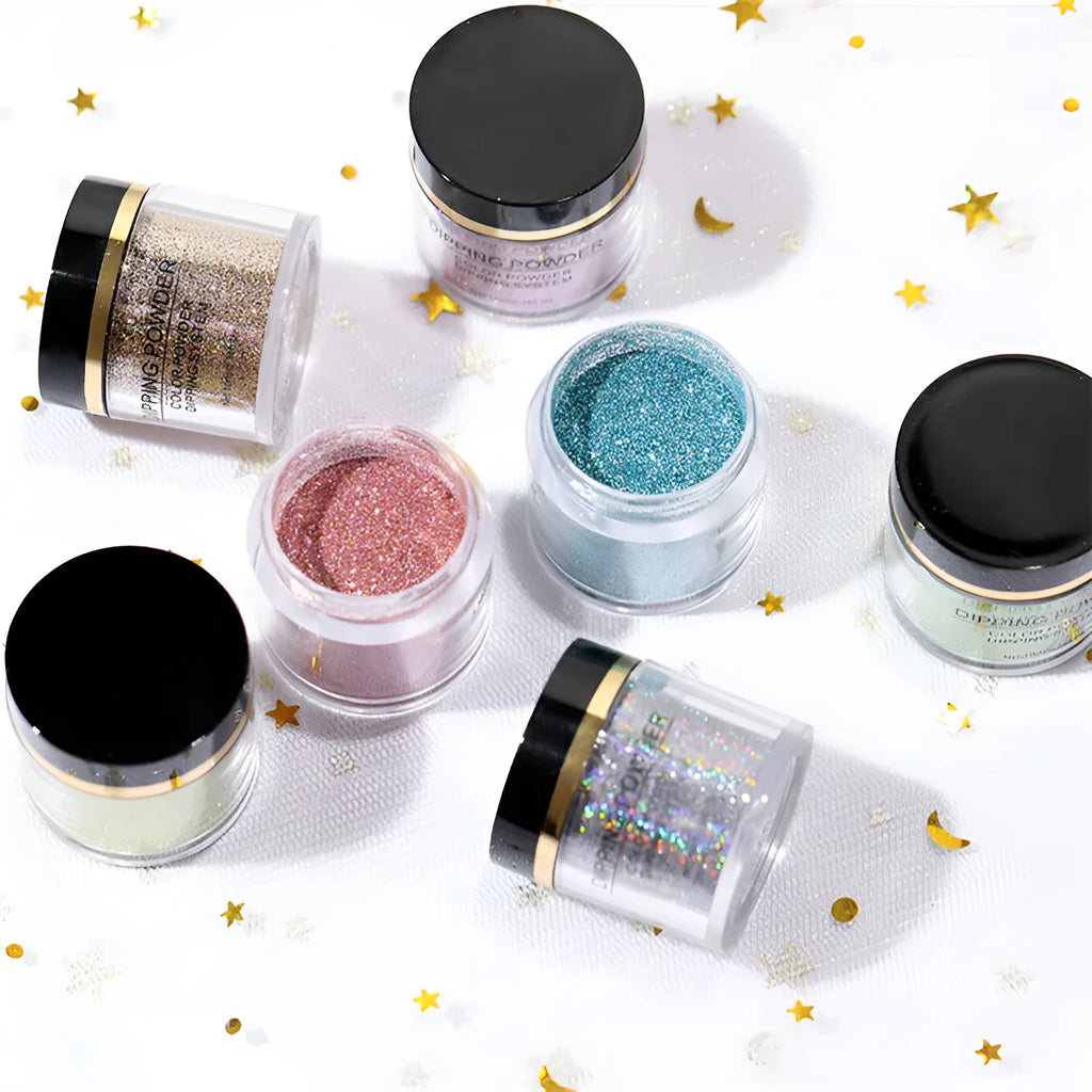 Laser glitter nail powder in a dish with a brush, showing sparkling particles for dip application