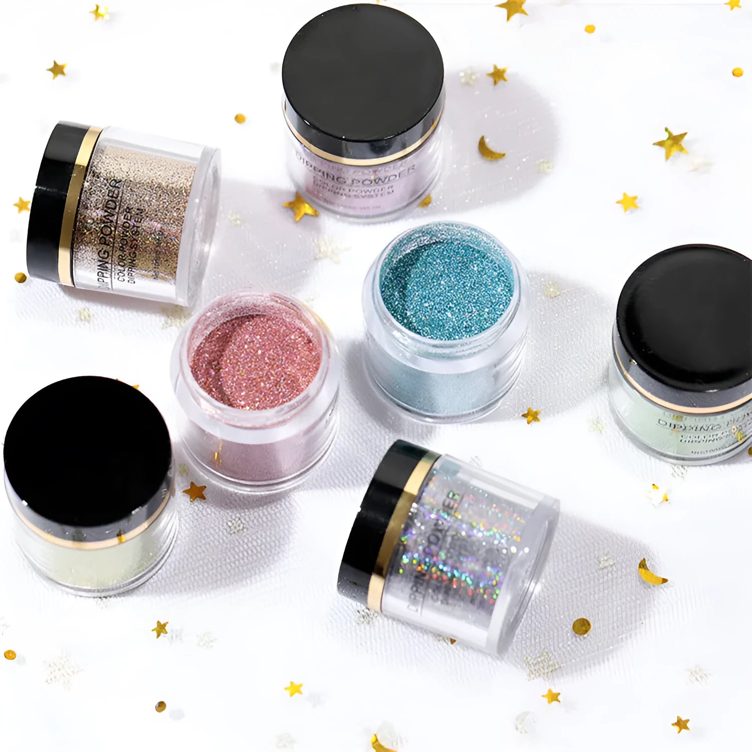 Laser glitter nail powder in a dish with a brush, showing sparkling particles for dip application