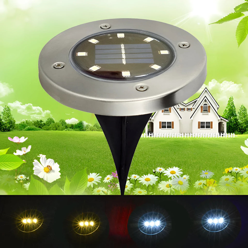 8 LED solar lawn lamp in stainless steel and PP, 12cm x 12cm x 13cm, 4pc pack, warm white or white light