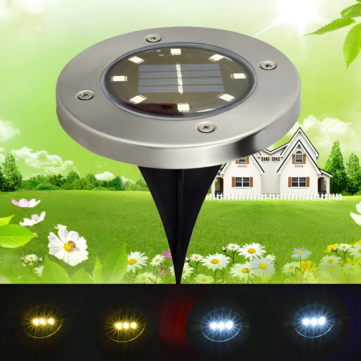 8 LED solar lawn lamp in stainless steel and PP, 12cm x 12cm x 13cm, 4pc pack, warm white or white light