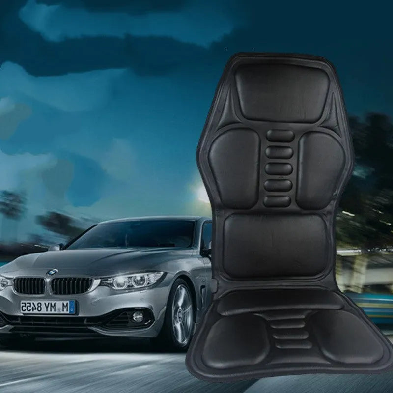 Black car massager with deep massage head and heating function for neck and waist relief on a car seat