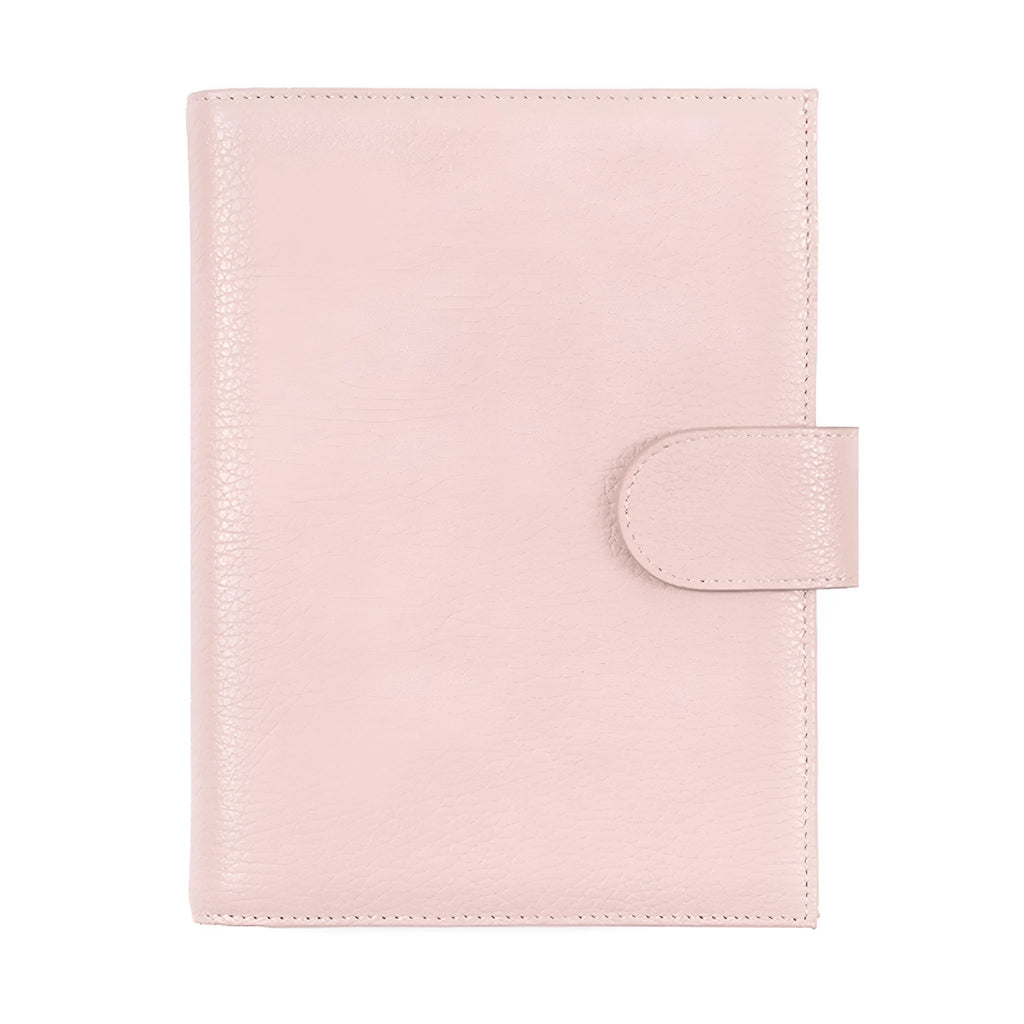 A6 leather notebook with lychee pattern cowhide cover showing loose-leaf binding in three colour options