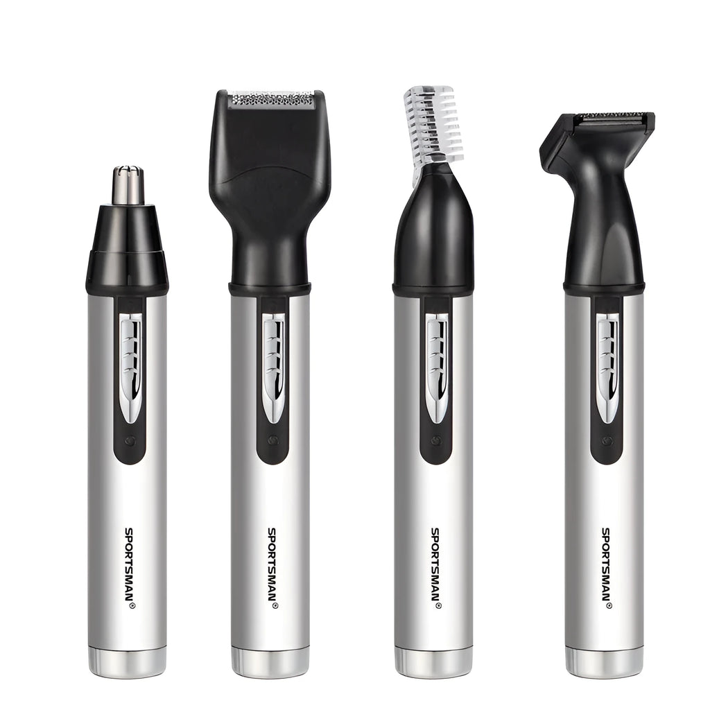 White male electric nose hair trimmer set with multiple grooming heads and USB charging cable