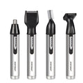 White male electric nose hair trimmer set with multiple grooming heads and USB charging cable