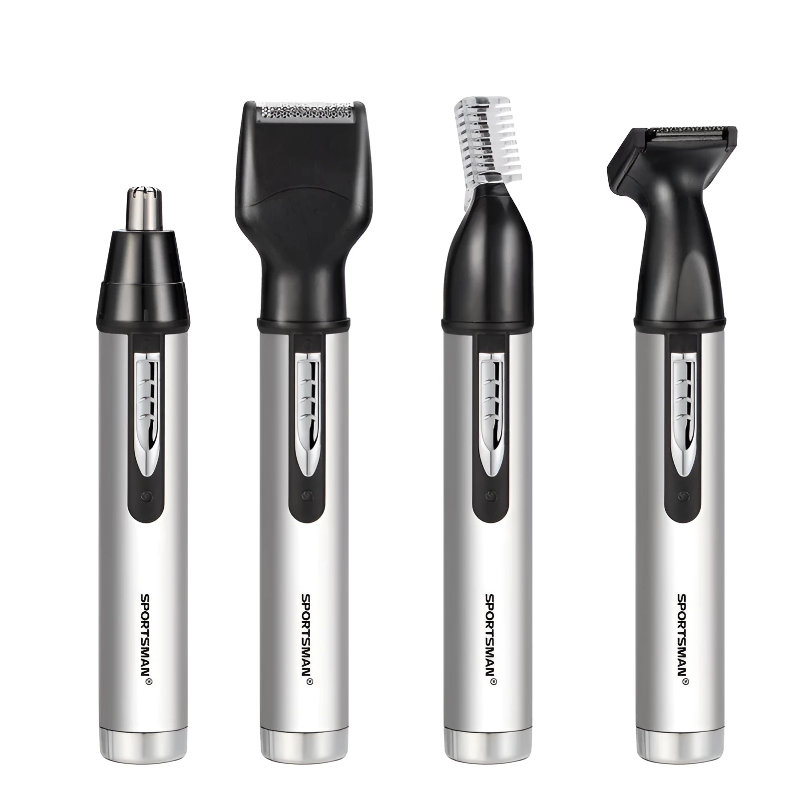 White male electric nose hair trimmer set with multiple grooming heads and USB charging cable